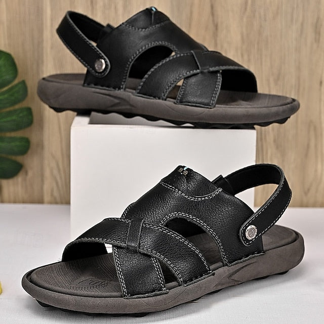 Men's Faux Leather Casual Sandals with Cross Strap and Hook-and-Loop Closure - 59 Monday