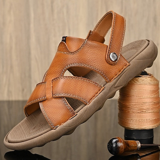 Men's Faux Leather Casual Sandals with Cross Strap and Hook-and-Loop Closure - 59 Monday