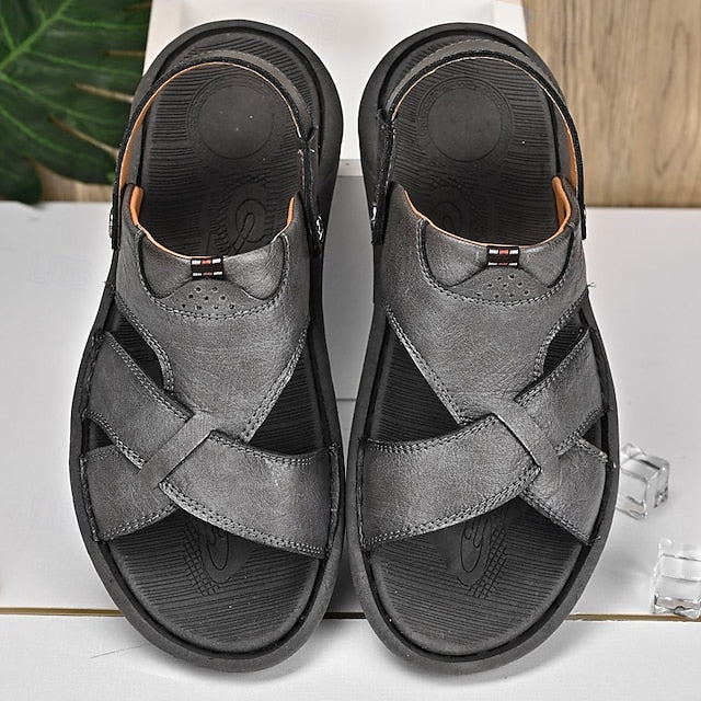 Men's Faux Leather Casual Sandals with Cross Strap and Hook-and-Loop Closure - 59 Monday