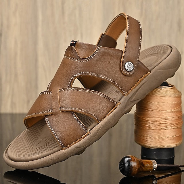 Men's Faux Leather Casual Sandals with Cross Strap and Hook-and-Loop Closure - 59 Monday
