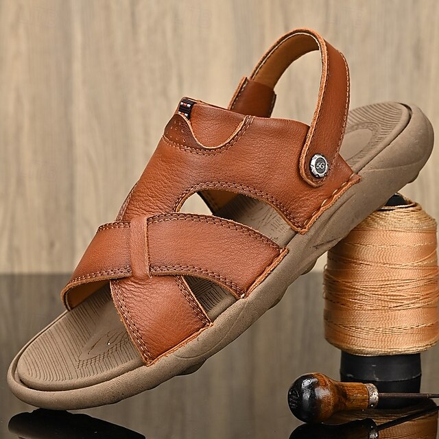 Men's Faux Leather Casual Sandals with Cross Strap and Hook-and-Loop Closure - 59 Monday