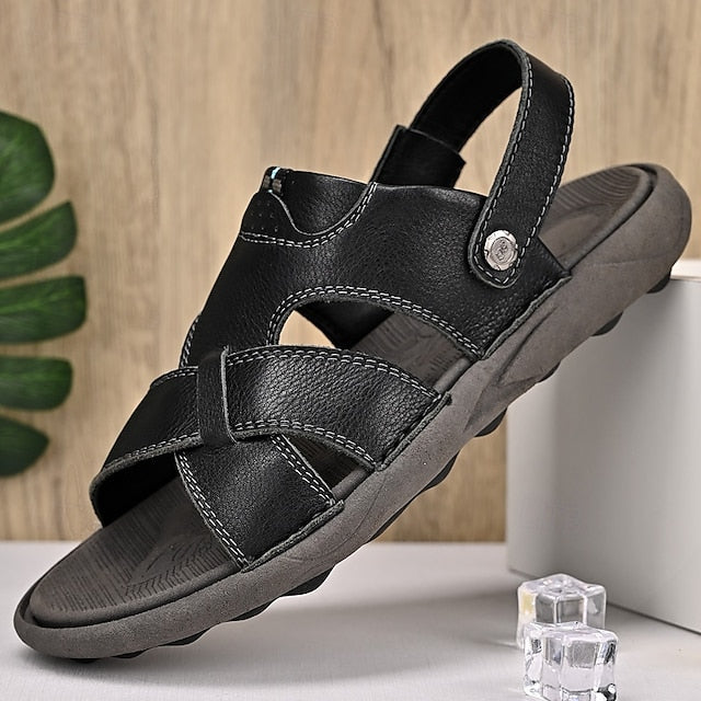 Men's Faux Leather Casual Sandals with Cross Strap and Hook-and-Loop Closure - 59 Monday