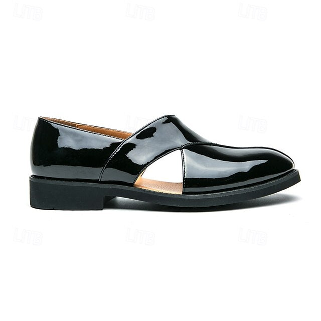 Men's Black Patent Leather Slip-On Loafers with Cross Strap for Formal - 59 Monday