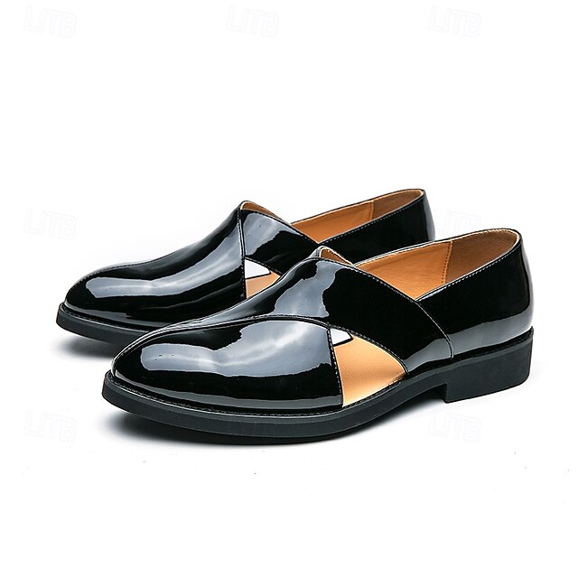 Men's Black Patent Leather Slip-On Loafers with Cross Strap for Formal - 59 Monday