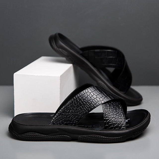 Men's Black Crocodile Pattern Slide Sandals with Non-Slip Cross Strap - 59 Monday