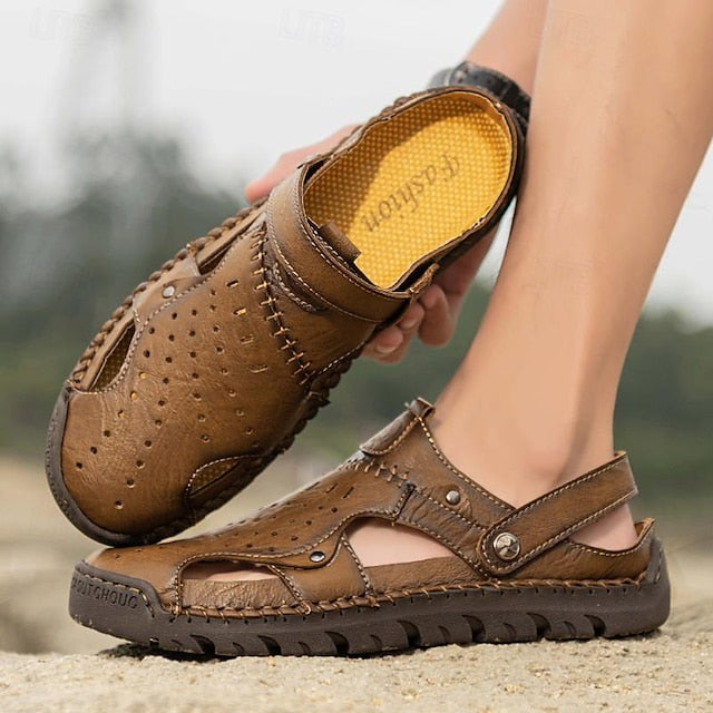 Men's Handmade Leather Closed-Toe Sandals for Casual Daily Comfort - 59 Monday