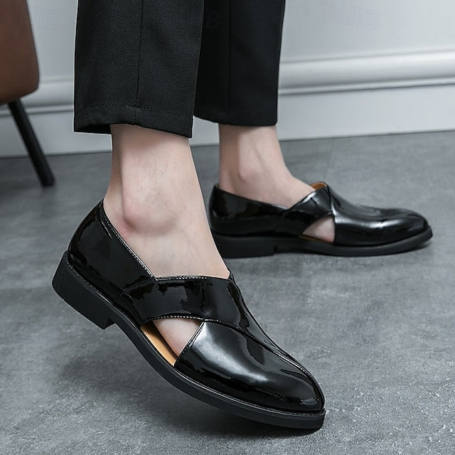 Men's Black Patent Leather Slip-On Loafers with Cross Strap for Formal - 59 Monday
