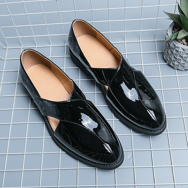 Men's Black Patent Leather Slip-On Loafers with Cross Strap for Formal - 59 Monday