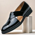 Men's Black Patent Leather Slip-On Loafers with Cross Strap for Formal - 59 Monday