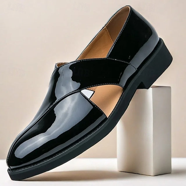 Men's Black Patent Leather Slip-On Loafers with Cross Strap for Formal - 59 Monday