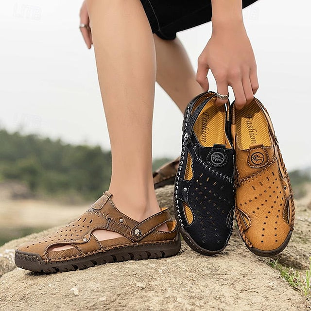 Men's Handmade Leather Closed-Toe Sandals for Casual Daily Comfort - 59 Monday