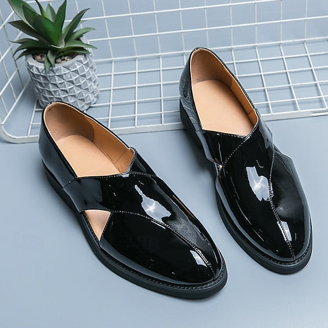 Men's Black Patent Leather Slip-On Loafers with Cross Strap for Formal - 59 Monday