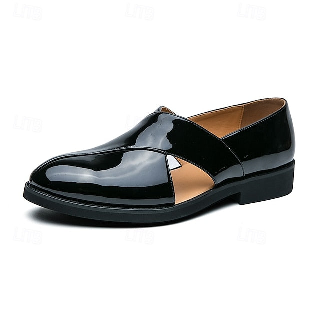 Men's Black Patent Leather Slip-On Loafers with Cross Strap for Formal - 59 Monday